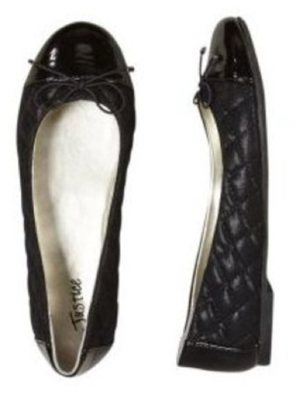 Justice Black Quilted Ballet Flats Patent Toe Bow Slip On Shoes Size 8 - Picture 2 of 12